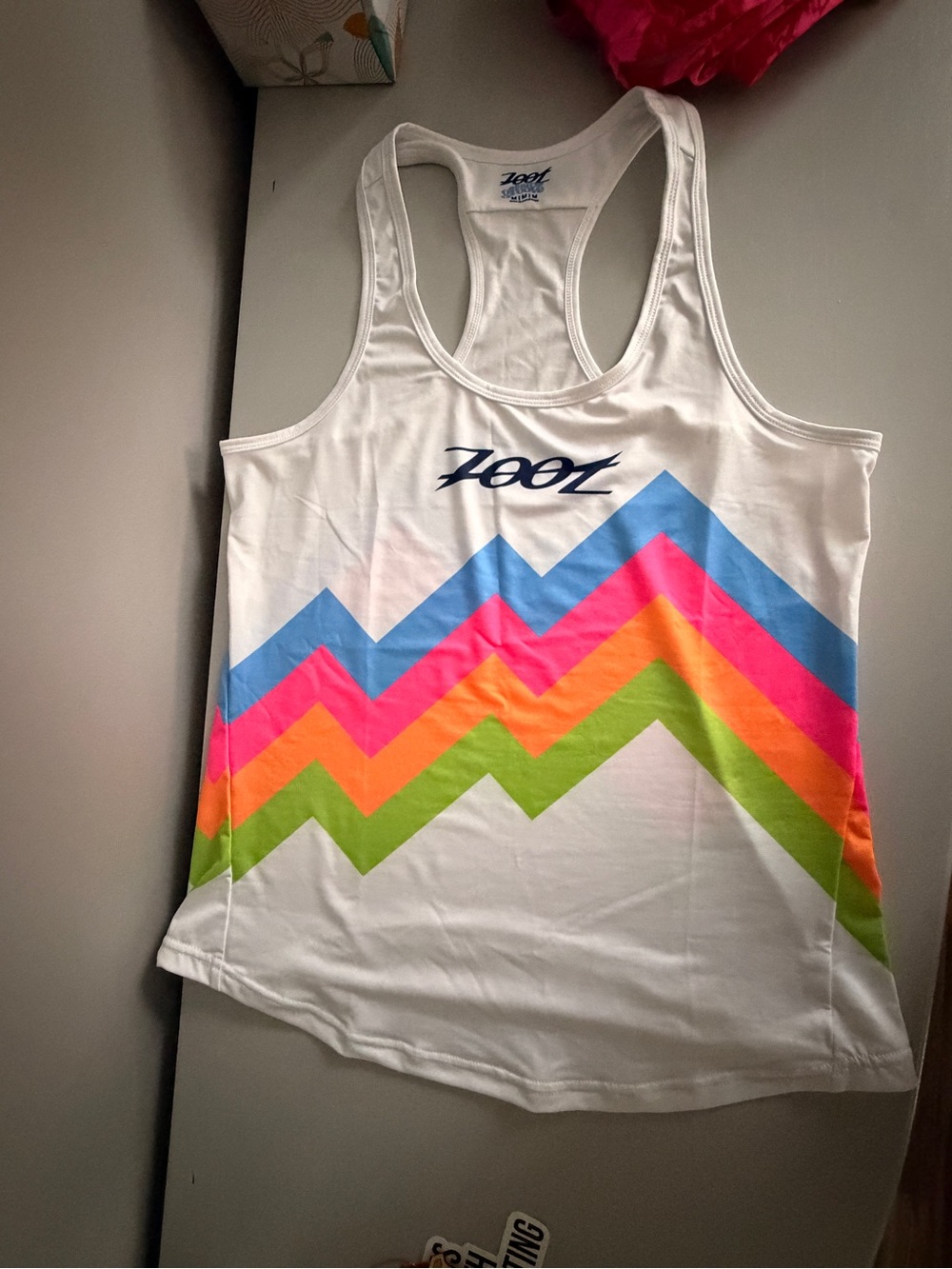 Zoot Women's White Racerback Tank with Multicolor Chevron